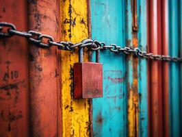 Lock secured by chain on colorful rusty shipping containers photo