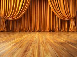 Stage ready for a performance with elegant golden curtains photo