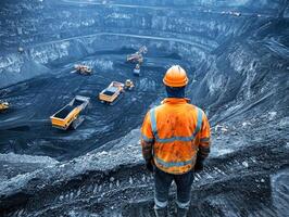 Heavy machinery operating in a mining site at sunset photo