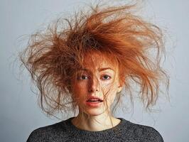 Wild red hair in studio with neutral background photo