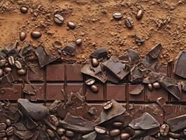 Dark chocolate and coffee beans presented on a rustic table photo