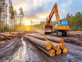 Excavator clearing logs in forest at sunset photo