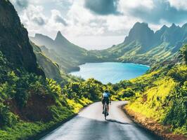 Cyclist enjoys scenic route by the ocean on a sunny day photo
