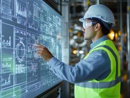 Engineer analyzing technical data on a digital display in a factory photo