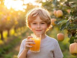 Young boy enjoys fresh juice in apple orchard during sunset photo