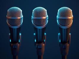Three microphones ready for a live performance in blue lighting photo