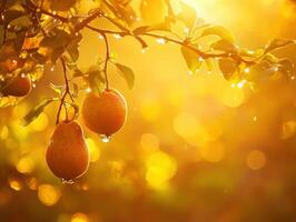 Golden pears glow on a tree under warm sunlight in autumn photo