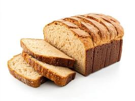 Freshly sliced loaf of bread with a golden crust on a white surface photo