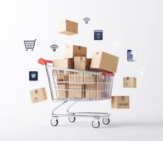 Online cart filled with boxes shows e-commerce activity photo