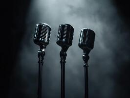 Vintage microphones stand ready for a live performance at night photo