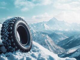 Snow-covered mountains with a lone tire in the foreground photo