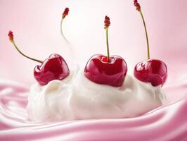 Glossy cherries on whipped cream with pink backdrop photo