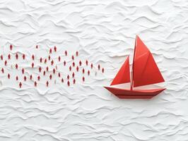 Red paper boat sails past paper figures on a textured white surface photo