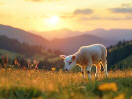 Lamb grazing in a lush meadow during sunset in the countryside photo