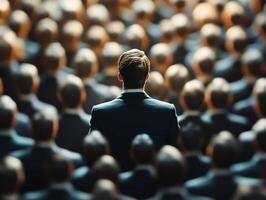 Crowd of individuals at a conference with a visible speaker photo
