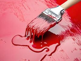 Bright red paint spills from brush on smooth surface photo