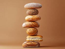 Bread varieties stacked artfully on a neutral background photo