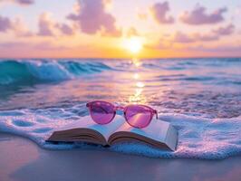 Enjoying a book at sunset by the ocean with sunglasses photo