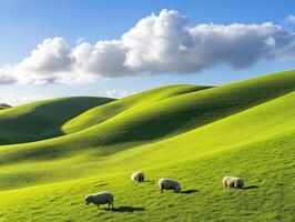 Rolling green hills with sheep grazing under a blue sky photo