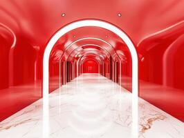 Modern red hallway with arches and marble floor photo