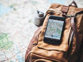 Exploring a new destination with a smartphone on a backpack photo