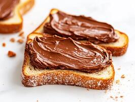 Delicious slices of bread topped with chocolate spread photo