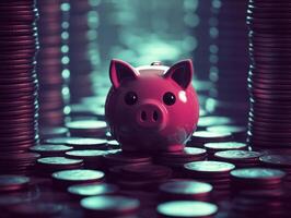 Piggy bank surrounded by coins in a dimly lit environment photo