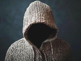 Mysterious figure in a knitted hooded sweater against dark background photo