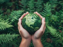 Hands holding a textured globe in a lush green forest photo