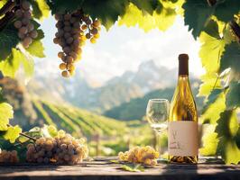 Wine bottle near grapes in vineyard with mountains in background photo
