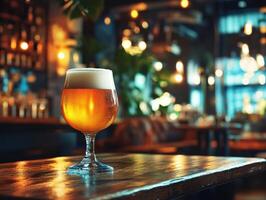 Golden craft beer served in a glass on a wooden table photo