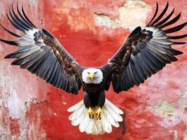 Bald eagle in mid-flight showcasing impressive wingspan and detail photo