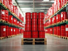 Storage of red barrels in a warehouse setting under bright lights photo