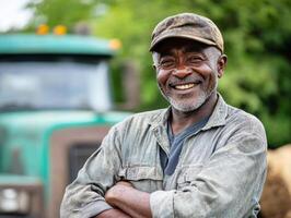 Smiling farmer stands proudly by green tractor on sunny day photo