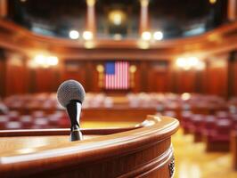 Microphone stands ready for speech in a formal courtroom setting photo
