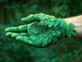 Leaf-covered hand showing nature's harmony in lush settings photo