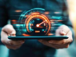 Person holding tablet displaying speedometer graphic photo