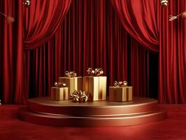 Decorative display of golden gifts on a stage with red curtains photo