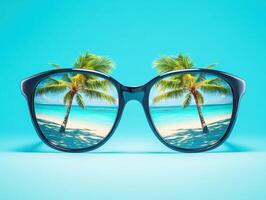 Sunglasses reflecting tropical beach with palm trees and ocean photo