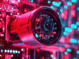 High-tech surveillance camera against vibrant circuit board background photo