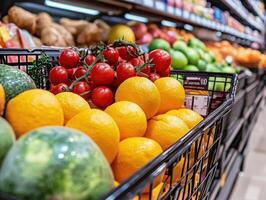 Fresh fruits displayed in a grocery store for customers photo