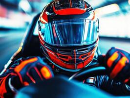 Racing driver in action at a high-speed circuit during a competition photo