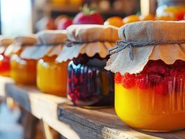 Colorful jars of homemade jam lined on rustic wooden table photo