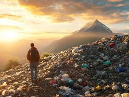 Man standing on a garbage hill with mountain view at sunrise photo