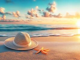 Sunset on the beach with a straw hat and starfish by the shore photo