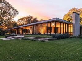 Modern architectural design showcasing a sunset view over a garden photo