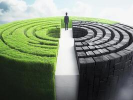 Business professional contemplating choices in a labyrinth landscape photo