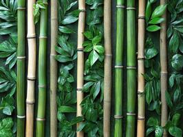 Bamboo stalks and green leaves create a serene natural background photo