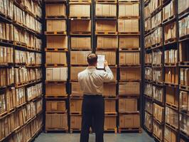 Person organizing boxes in a warehouse during daylight hours photo