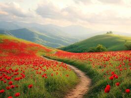 Vibrant poppy field at sunset with winding path through hills photo